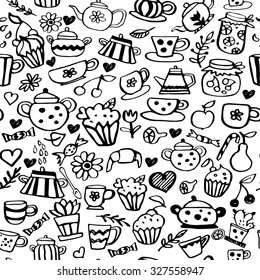 Seamless black and white pattern with cupcakes, cherries and teapots, cups, fruit, hearts.