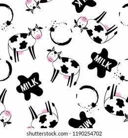 Seamless black an white pattern with cute cow and milk stains