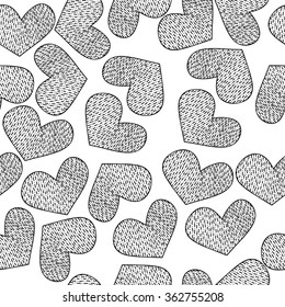 Seamless black and white pattern with cute graphical hearts. Vector illustration for wedding design, textile and wallpaper design, web design, Valentine's cards etc.