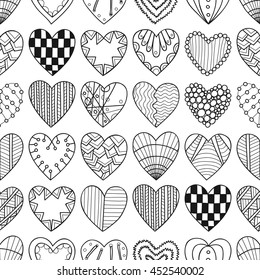 Seamless black, white pattern with decorative hearts for coloring book.