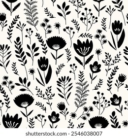 Seamless black and white pattern with delicate flowers, leaves and twigs on a white background. Flat vector illustration