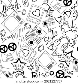 
seamless black and white pattern depicting audio equipment in retro style for prints on fabric, packaging, clothing, linen, as well as for interiors, covers and backgrounds in disco style