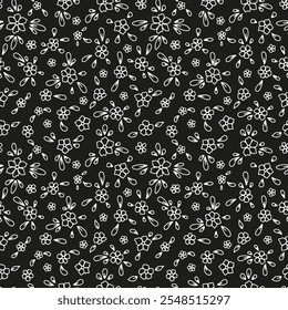 Patrón blanco y negro sin fisuras con florales sucias. Rústicas flores diminutas monocromo repiten Fondo de pantalla.
