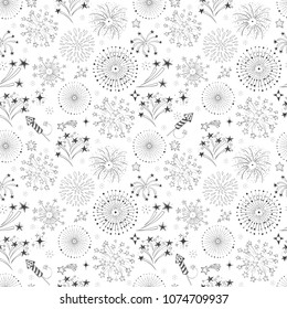 Seamless black and white pattern with doodle fireworks 