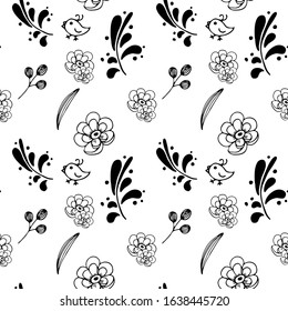 seamless black and white pattern in doodle style, zenart with floral ornaments