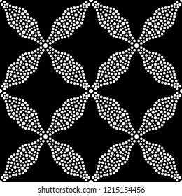 Seamless black and white pattern of dotted intersected white flowers. Floral trellis. Mosaic floral lattice in oriental style. Monochrome print of beads. Vector Illustration.