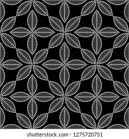 Seamless black and white pattern of dotted intersected white flowers and leaves. Floral trellis. Mosaic floral lattice. Monochrome print of beads. Vector Illustration.