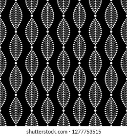 Seamless black and white pattern of dotted garlands. Floral trellis of intersected leaves. Mosaic lattice braids. Monochrome print of chains. Vector Illustration.