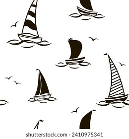 Seamless black and white pattern with drawn yachts, sails, waves and seagulls. Vector illustration. Illustration for print, packaging, fabric.