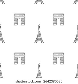 Padrão preto e branco contínuo com Torre Eiffel e Arco do Triunfo. Design de viagem francês mínimo, ideal para impressões, tecido e embalagem.