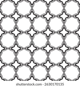 Seamless Black and White Pattern with Elegant Star-Shaped Tiles and Connecting Lines