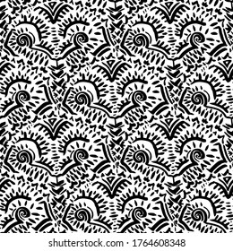 Seamless black and white pattern. Ethnic and tribal motifs. Wavy print of seigaiha. Ink drawn ornament. Vector illustration.