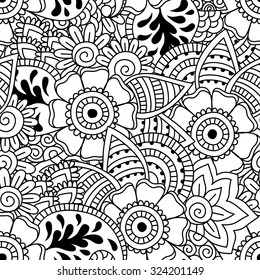 Seamless black and white pattern. Ethnic henna hand drawn background for coloring book, textile or wrapping.