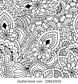 Seamless black and white pattern. Ethnic henna hand drawn background for coloring book, textile or wrapping.