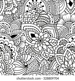 Seamless black and white pattern. Ethnic henna hand drawn background for coloring book, textile or wrapping.