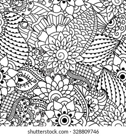 Seamless black and white pattern. Ethnic henna hand drawn background for coloring book, textile or wrapping.
