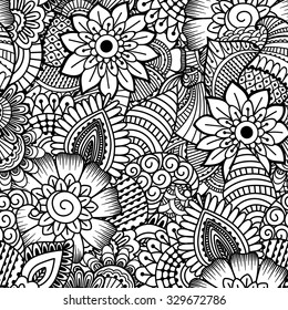 Seamless black and white pattern. Ethnic henna hand drawn background for coloring book, textile or wrapping.