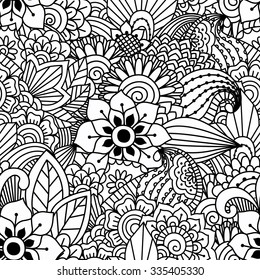 Seamless black and white pattern. Ethnic henna hand drawn background for coloring book, textile or wrapping.