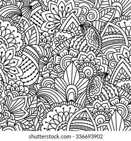 Seamless black and white pattern. Ethnic henna hand drawn background for coloring book, textile or wrapping.