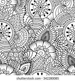 Seamless black and white pattern. Ethnic henna hand drawn background for coloring book, textile or wrapping.