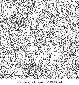 Seamless black and white pattern. Ethnic henna hand drawn background for coloring book, textile or wrapping.