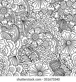 Seamless black and white pattern. Ethnic henna hand drawn background for coloring book, textile or wrapping.