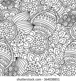 Seamless black and white pattern. Ethnic henna hand drawn background for coloring book, textile or wrapping.