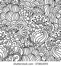Seamless black and white pattern. Ethnic henna hand drawn background for coloring book, textile or wrapping.