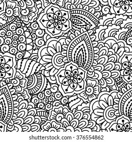 Seamless black and white pattern. Ethnic henna hand drawn background for coloring book, textile or wrapping.