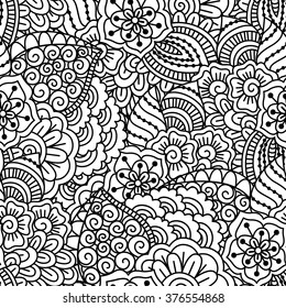 Seamless black and white pattern. Ethnic henna hand drawn background for coloring book, textile or wrapping.