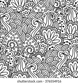 Seamless black and white pattern. Ethnic henna hand drawn background for coloring book, textile or wrapping.