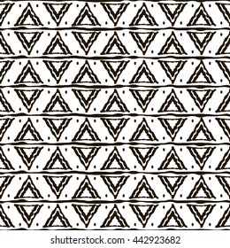 Seamless black and white pattern with ethnic motifs. Horizontal stripes, triangular shapes and dots. Abstract geometric ornament in hand drawing style. Vector illustration for modern design