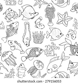 Seamless black and white pattern with exotic fishes, jellyfishes, starfishes and algae. Vector illustration on white background.