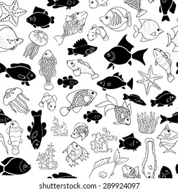 Seamless black and white pattern with exotic fishes, jellyfishes, starfishes and algae. Vector illustration on white background.