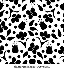 seamless black and white pattern with fantasy flowers