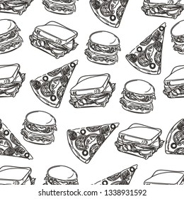 Seamless black and white pattern of fast food products.