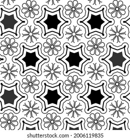 seamless black and white pattern featuring bold star shaped forms with thick outlines, interspersed with various floral motifs,monochrome pattern visual rhythm.
