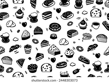 Un patrón en blanco y negro sin fisuras con garabatos de varios tipos de pasteles, pasteles y artículos de panadería. Fondo de Ilustración vectorial.