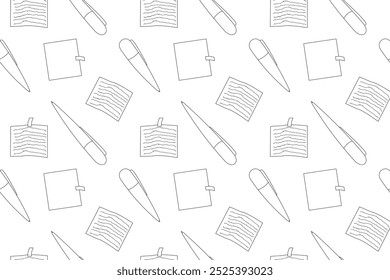 A seamless black and white pattern featuring pens, sticky notes, and paper. Great for kids coloring pages or back-to-school themes.