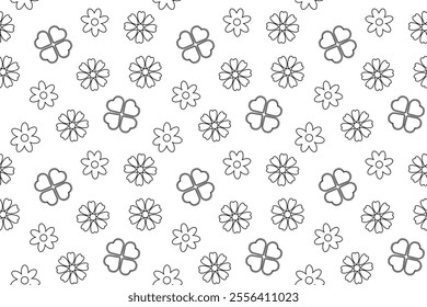 A seamless black and white pattern featuring flowers and four-leaf clovers, perfect for childrens coloring pages.