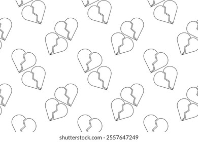 Seamless black and white pattern featuring broken heart outlines in pairs, ideal for childrens coloring activities.