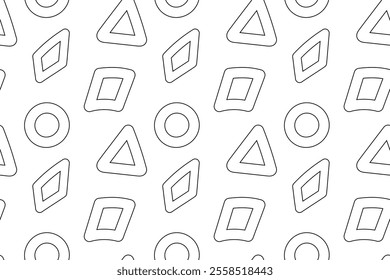 Seamless black and white pattern featuring circles, triangles, and rhombuses, perfect for childrens coloring projects.