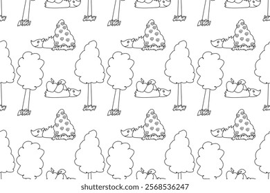 Seamless black and white pattern featuring hedgehogs carrying apples, trees, and flower bushes. Perfect for coloring books.