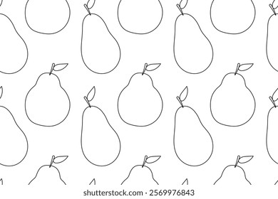 Seamless black and white pattern featuring pears with leaves in minimalistic line art style. Ideal for coloring pages.