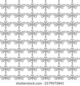 Seamless black and white pattern featuring dragonfly with decorative wing details. Ideal for textiles, wallpapers, backgrounds, and nature-themed designs