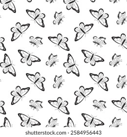 Seamless black and white pattern featuring hand-drawn butterflies in various sizes and orientations, ideal for textile design, wallpaper, packaging, and nature-inspired projects.