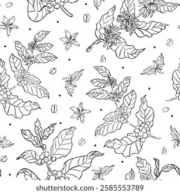 A seamless black and white pattern featuring hand-drawn coffee plant branches, leaves, flowers, and beans, ideal for packaging, textiles, and wallpapers.