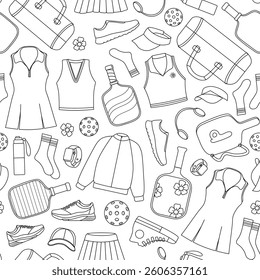 Seamless black and white pattern featuring various pickleball equipment and sportswear, including paddles, balls, shoes, visors, and apparel, creating a stylish and modern sports-themed design