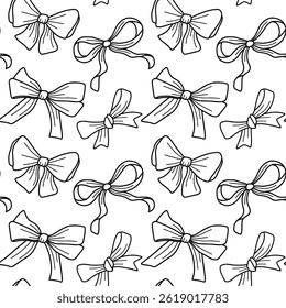 Seamless Black and White Pattern Featuring Decorative Bow Illustrations. Seamless vector design of black outline bows, perfect for textiles, packaging, or decorative use. Elegant and versatile