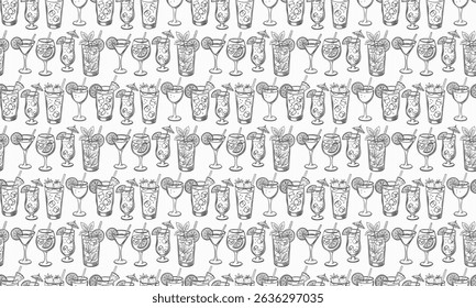 Seamless black and white pattern featuring a hand-drawn collection of summer cocktails in various glass types. The pattern is tileable and suitable for both print and digital projects.